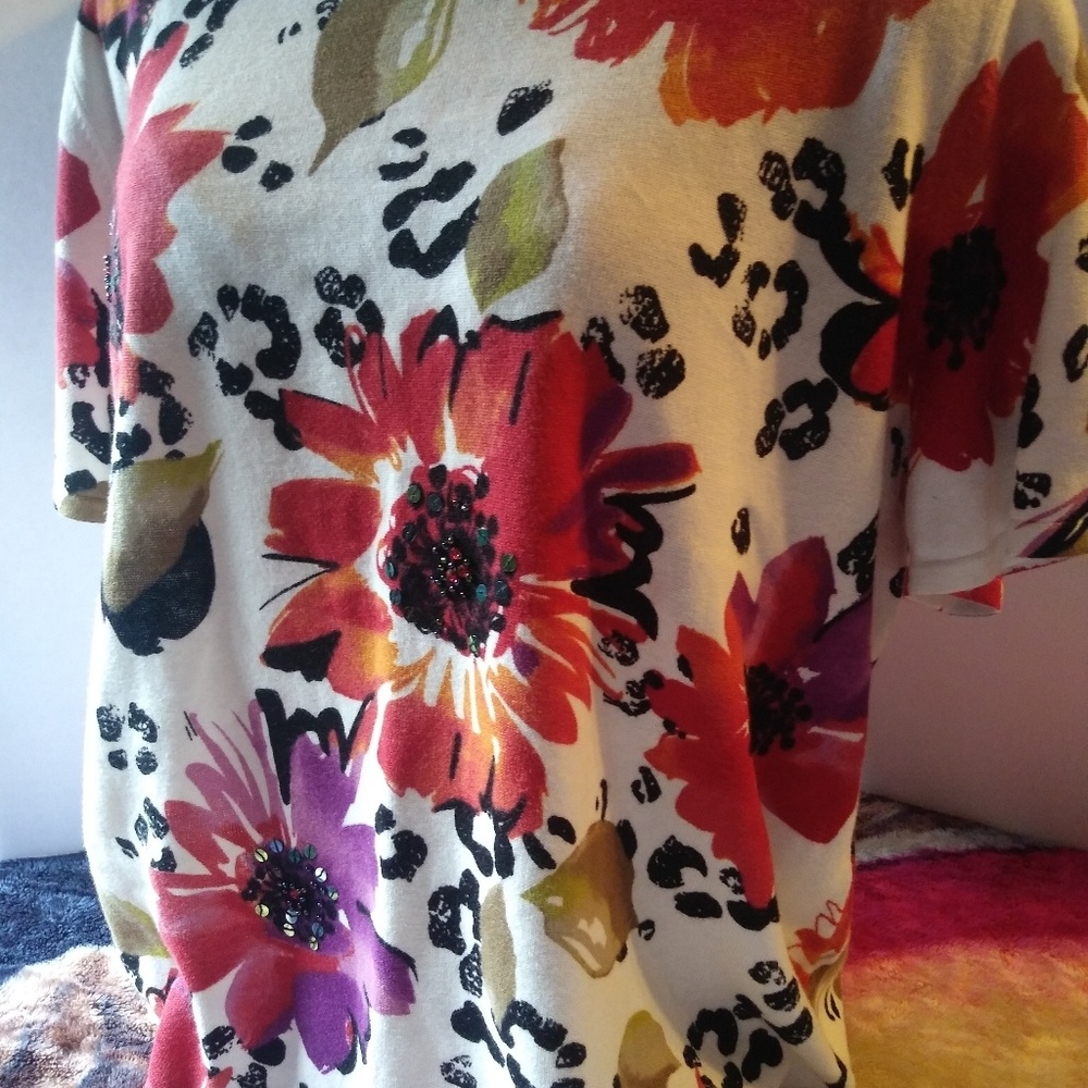 Womens Floral Print Top Plus 1X  Ramie Clothing